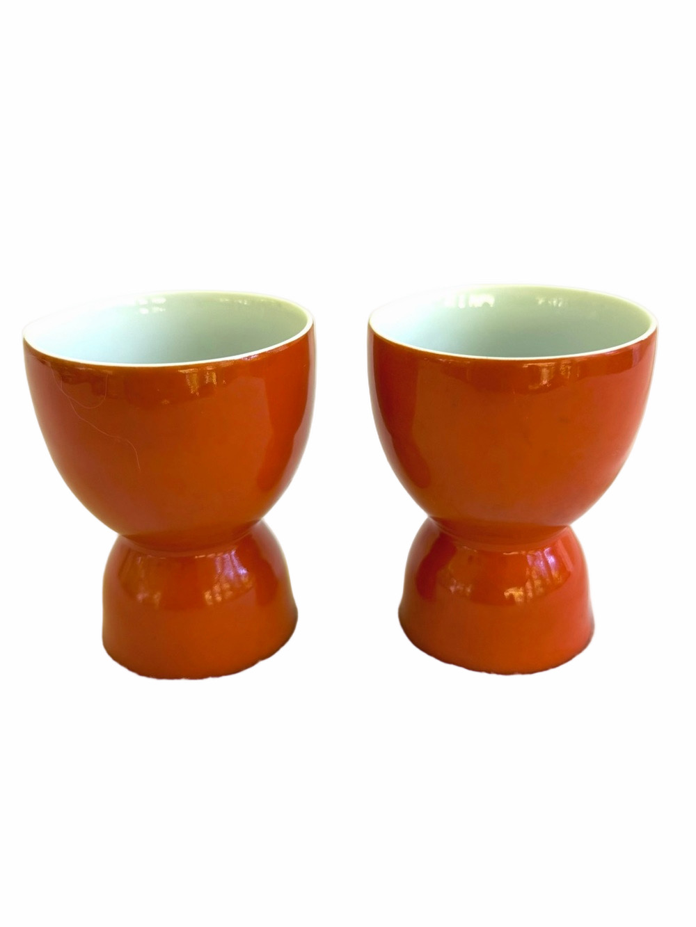 Vintage MCM Knobler Set 2 Orange Egg Cups Porcelain